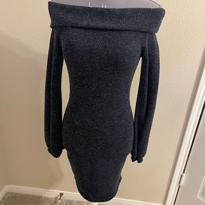 Blue Blush Off Shoulder Sweater Rib Knit Dress/Tunic/Top